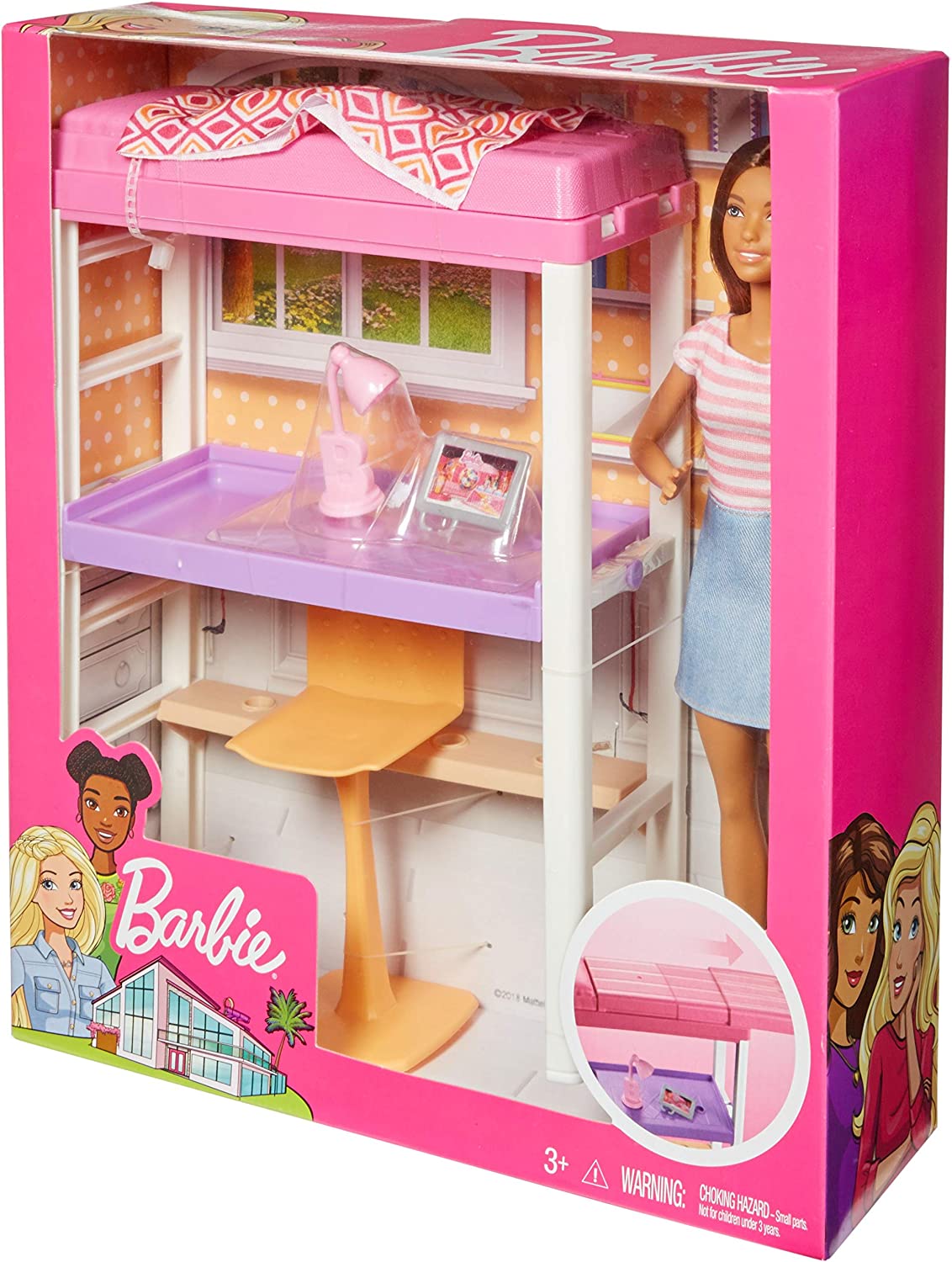 Mattel - Barbie Playset Camera da Letto, Bambola Brunette con Letto, Scrivania  e Accessori, FXG52