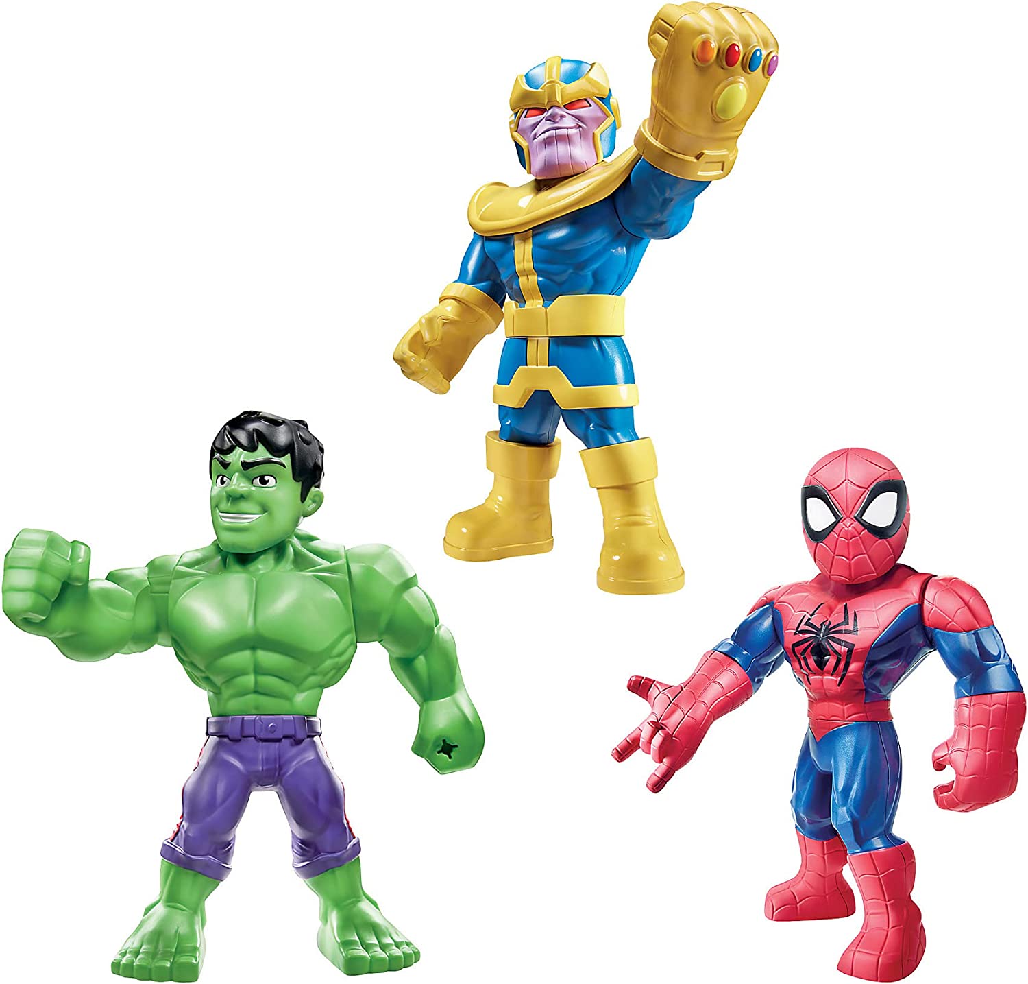 Marvel Super Hero Adventures Mega Mighties 25 cm Figura 3 Pack, Thanos,  Spider-Man, Hulk - E7772