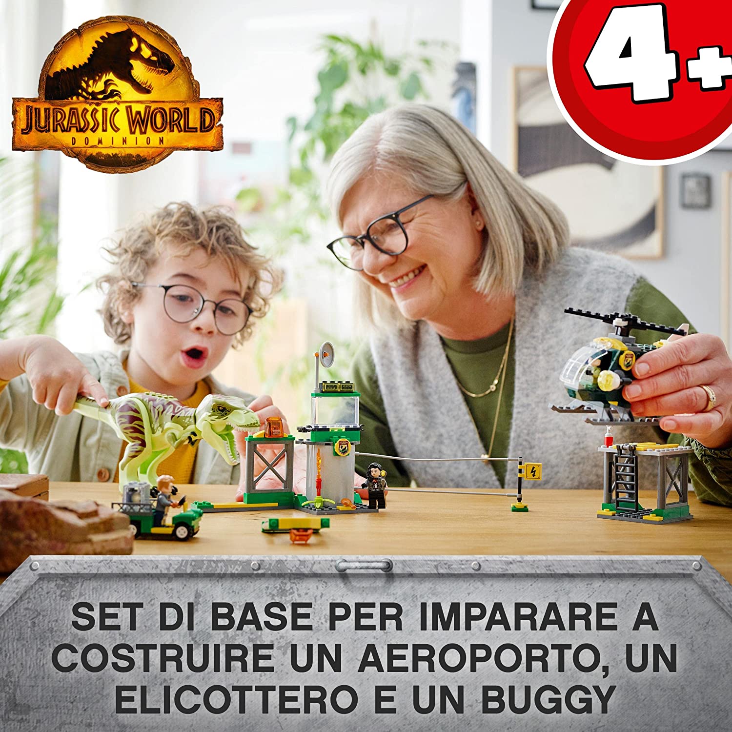 LEGO Jurassic World La Fuga del T. rex, Include 3 Minifigure un Elicottero  e un Dinosauro