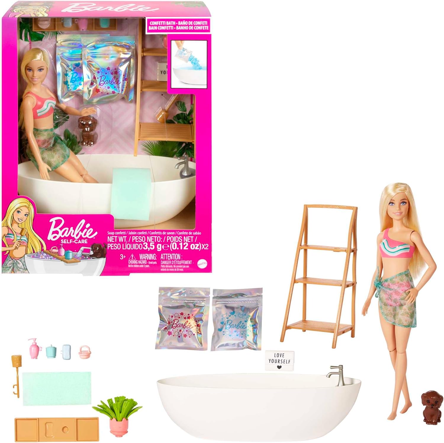 Mattel - Barbie - Vasca Relax Playset con bambola e cucciolo, con  coriandoli di sapone colorati e accessori, Giocattolo per Bamb