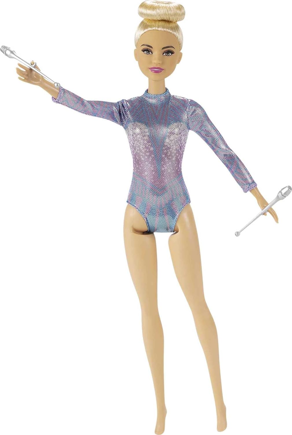 Mattel - Barbie -Ginnasta, Bambola Bionda con Coloratissimo Body, 2 Bastoni  e Nastro - GTN65