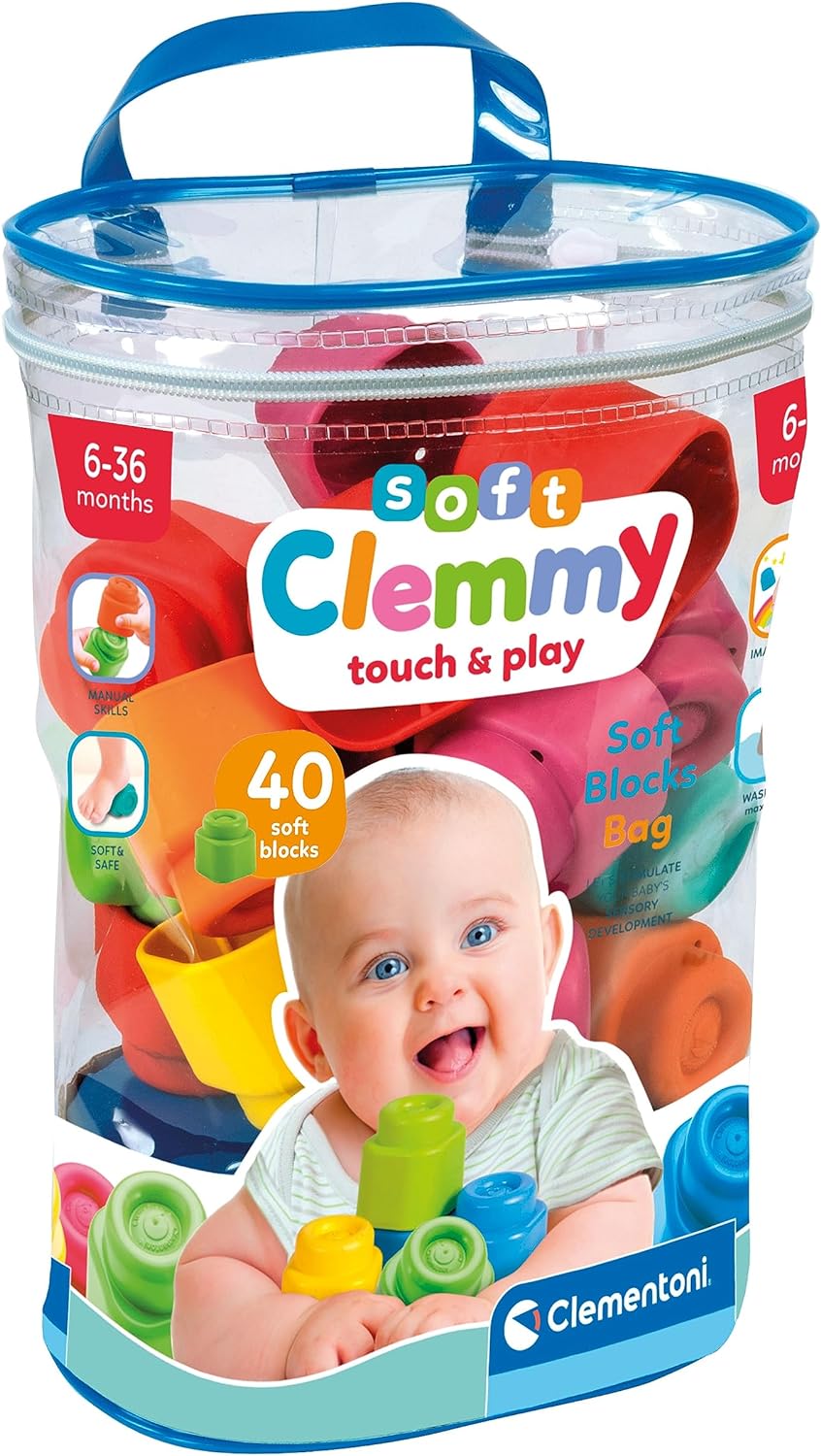 Clementoni -17878 - Soft Sacca 40 Set Costruzioni Prima Infanzia,  Mattoncini Morbidi Clemmy, Blocchi Bambini 6 Mesi, Gioco Senso