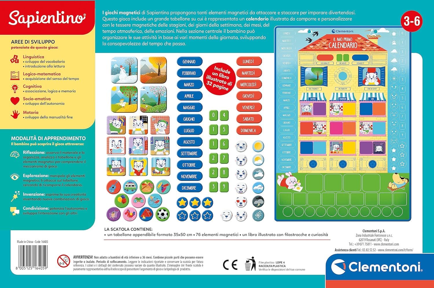 Clementoni - Sapientino - Il Mio Primo Gioco Educativo 3 Anni, Tabellone  Magnetico Apprendimento Stagioni, Mesi, Giorni, Calenda