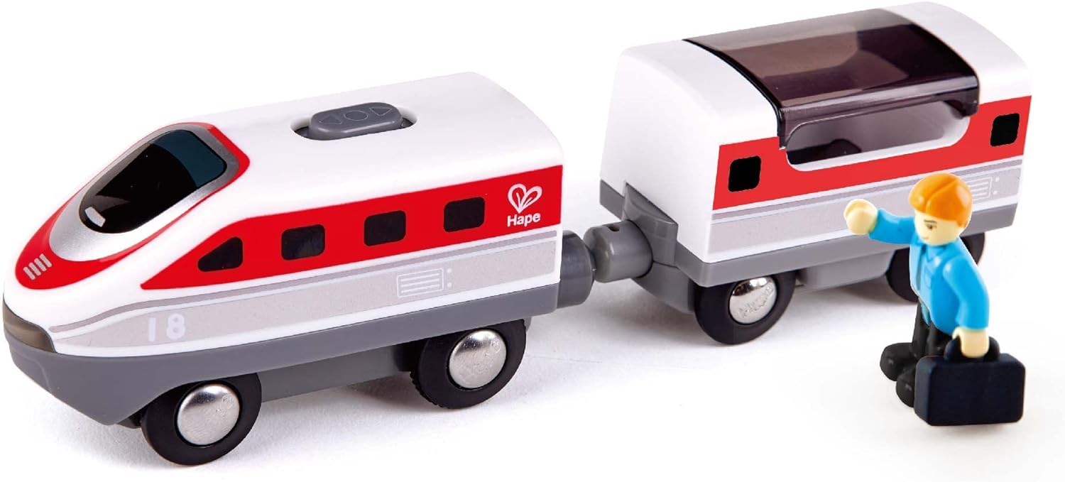 Hape Treno Intercity a batteria 3+ - Trenino moderno con passeggero  compatibile con vagoni a giunto magnetico e binari in legno