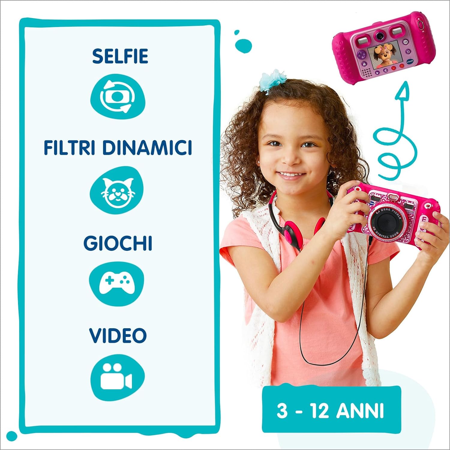 VTech Kidizoom Duo DX Rosa, Macchina Fotografica per Bambini con +75 Filtri  VT520058