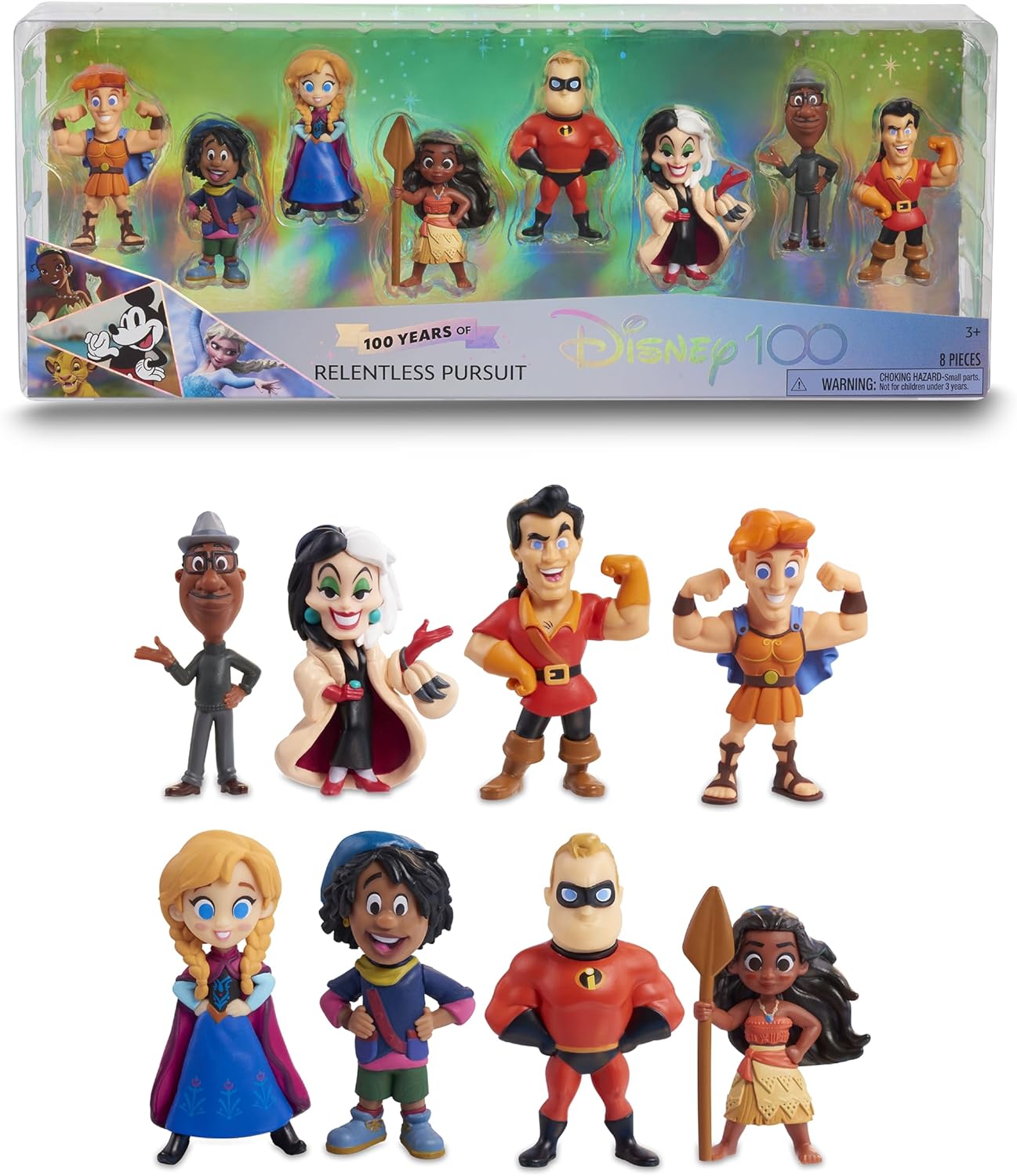 Disney 100 - Pack Rentless Persuit, giocattolo da collezione con personaggi  Disney, include 8 figure diverse, licenza ufficiale