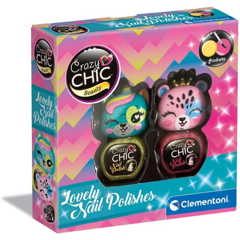 Clementoni - Crazy Chic-Lovely Nail Polishes: Unicorno E Leopardo-Kit 2 Colorati, Smalti Bambine 6 Anni, Decoro Unghie, Non Toss