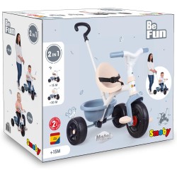 Smoby - Triciclo Be Fun azzurro, evolutivo, con struttura in metallo, asta parentale removibile, 15 mesi