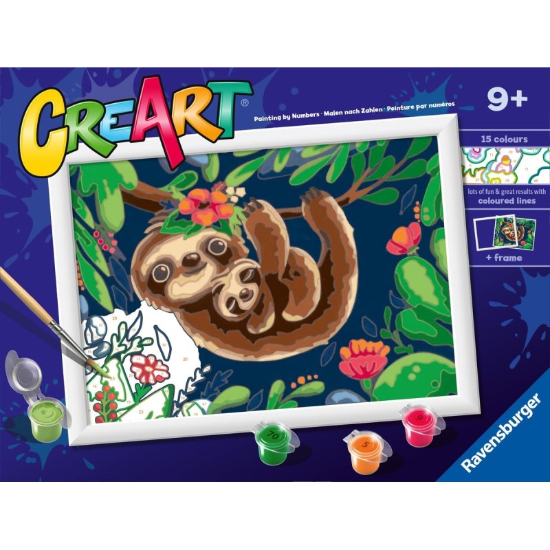 Ravensburger - CreArt Serie D: Vita da bradipo, Kit per Dipingere con i Numeri, Contiene una Tavola Prestampata, Pennello, Color