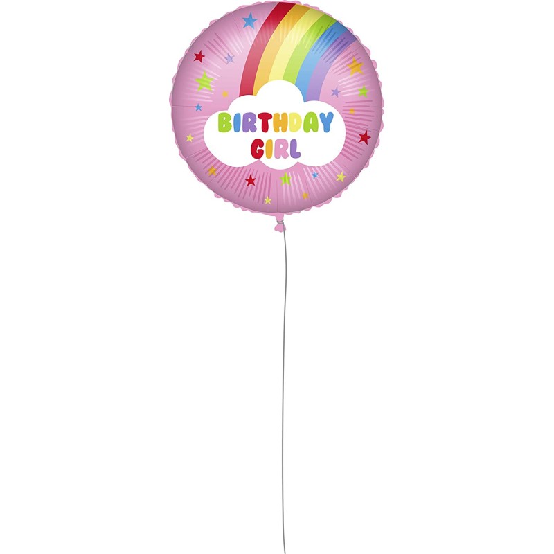 Pallone foil 18&quot; - 45 cm RAINBOW BIRTHDAY GIRL con PESETTO e NASTRO, 1 pz, 5PR92418