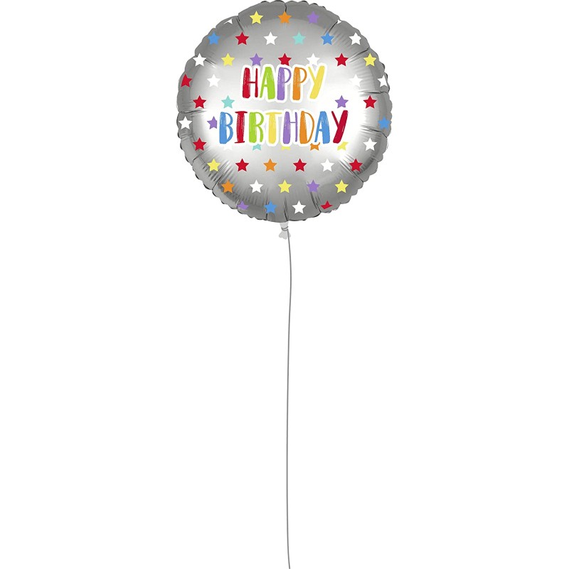 Pallone foil 18&quot; - 45 cm HAPPY B-DAY SILVER COLORFULL STARS con PESETTO e NASTRO, 1 pz, 5PR92435