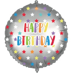 Pallone foil 18&quot; - 45 cm HAPPY B-DAY SILVER COLORFULL STARS con PESETTO e NASTRO, 1 pz, 5PR92435