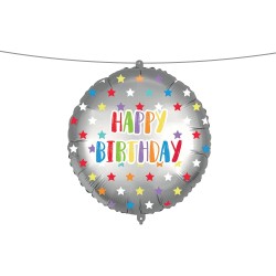 Pallone foil 18&quot; - 45 cm HAPPY B-DAY SILVER COLORFULL STARS con PESETTO e NASTRO, 1 pz, 5PR92435