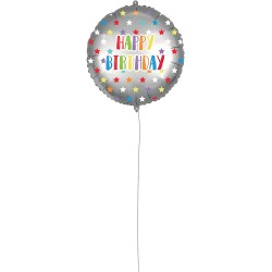 Pallone foil 18&quot; - 45 cm HAPPY B-DAY SILVER COLORFULL STARS con PESETTO e NASTRO, 1 pz, 5PR92435