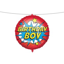 Pallone foil 18&quot; - 45 cm HAPPY BIRTHDAY SUPERHERO con PESETTO e NASTRO, 1 pz, 5PR92436