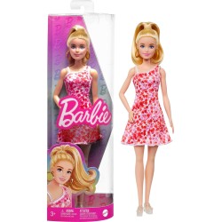 Mattel - Barbie Fashionistas con coda bionda, abito floreale rosa e rosso, sandali con plateau e orecchini a cerchio, 3+ anni, H