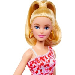 Mattel - Barbie Fashionistas con coda bionda, abito floreale rosa e rosso, sandali con plateau e orecchini a cerchio, 3+ anni, H