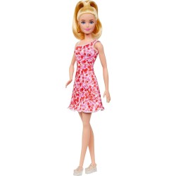 Mattel - Barbie Fashionistas con coda bionda, abito floreale rosa e rosso, sandali con plateau e orecchini a cerchio, 3+ anni, H