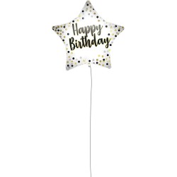 Pallone foil 18&quot; - 45 cm WHITE -GOLD HAPPY BIRTHDAY con PESETTO e NASTRO, 1 pz, 5PR92417