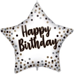 Pallone foil 18&quot; - 45 cm WHITE -GOLD HAPPY BIRTHDAY con PESETTO e NASTRO, 1 pz, 5PR92417