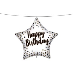 Pallone foil 18&quot; - 45 cm WHITE -GOLD HAPPY BIRTHDAY con PESETTO e NASTRO, 1 pz, 5PR92417