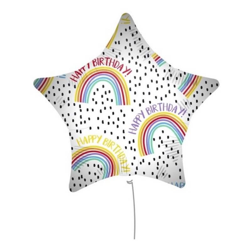 Pallone Mylar Stella 18&quot; 45 cm &quot;HAPPY BIRTHDAY RAINBOW&quot; CON FILO E PESETTO, 92433