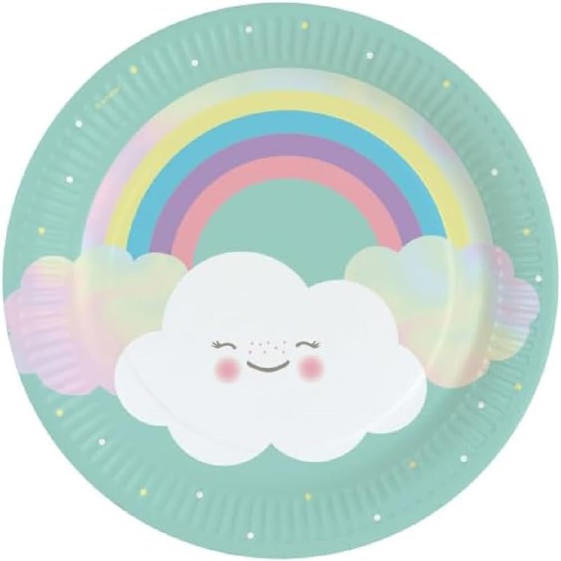 8 piatti ecologici &quot;RAINBOW &amp; CLOUD&quot; Ã˜ 23 cm senza rivestimento in plastica, per feste a tema, per feste di compl