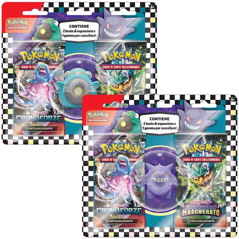 Il blister con 2 buste del GCC PokÃ©mon e la mini figure in gomma di Bellibolt/Gengar, assortimento casuale, 1 pezzo, PK60514-I