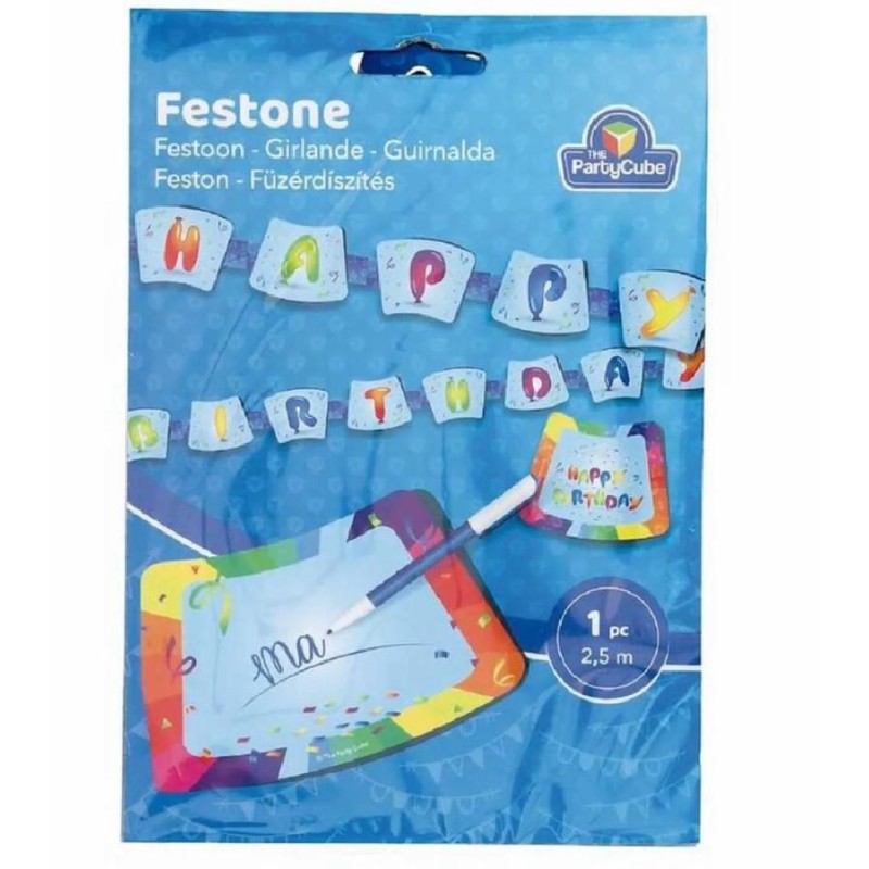 PartyCube - Kit Festone Tanti Auguri Con Palloncini 7 Pezzi, 2,5 m, FBM006