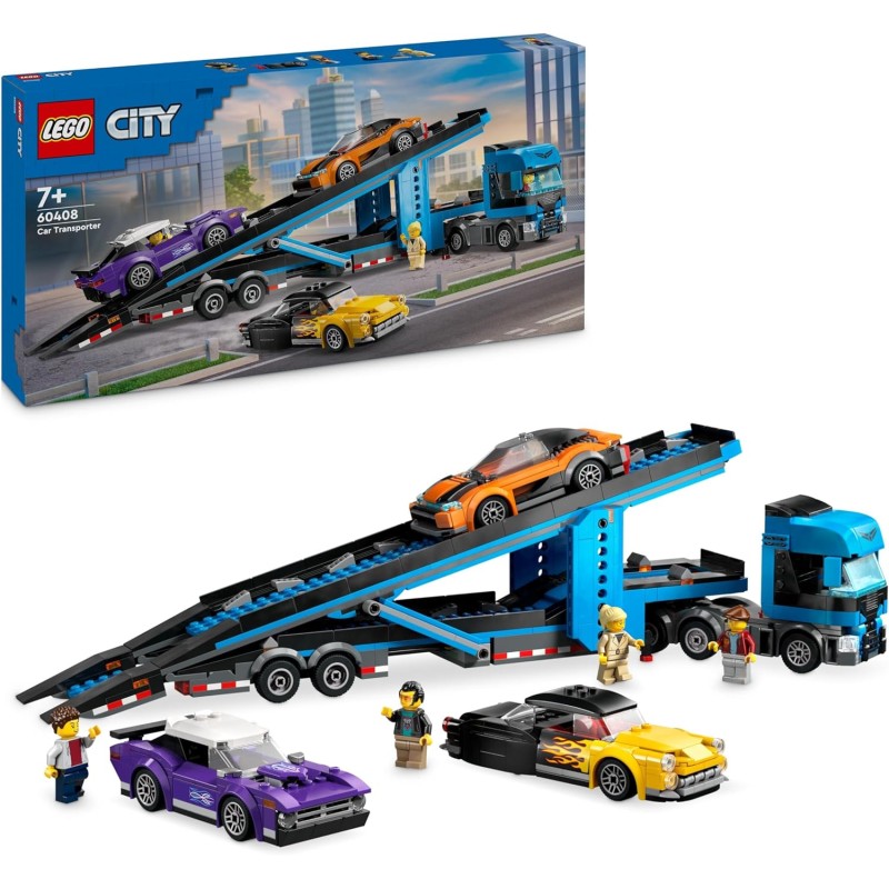 LEGO City Camion Trasportatore con Auto Sportive, Giochi Creativi da 7 Anni, Autocarro con Rimorchio e 3 Modelli di Macchine, Ve