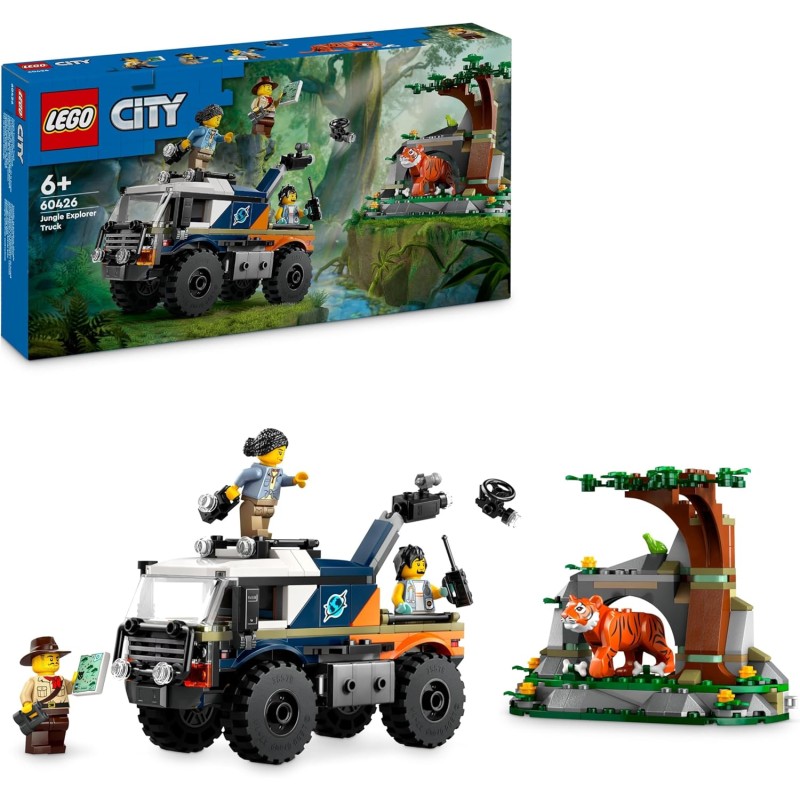 LEGO City Fuoristrada dellâ€™Esploratore della Giungla, Camion Giocattolo da Costruire con Minifigure, Tigre e Grotta, da 6 Anni