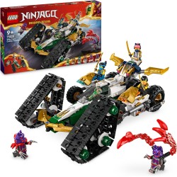 LEGO NINJAGO Cingolato del Team Ninja, Veicolo Giocattolo 4 in 1 con 2 Moto, Aliante e Macchina Fuoristrada da Costruire, da 9 A