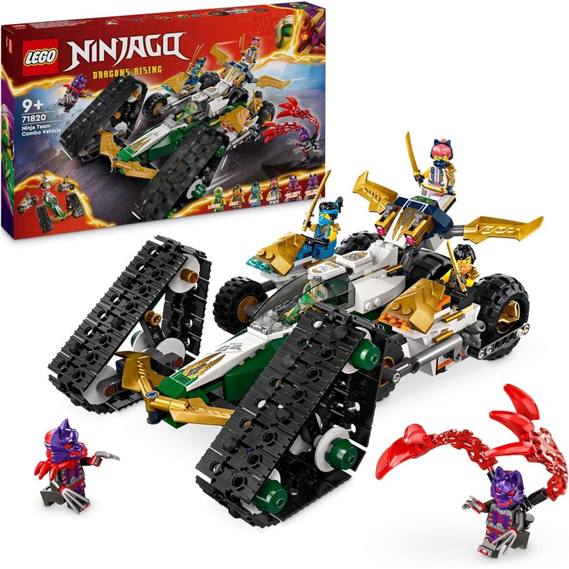 LEGO NINJAGO Cingolato del Team Ninja, Veicolo Giocattolo 4 in 1 con 2 Moto, Aliante e Macchina Fuoristrada da Costruire, da 9 A