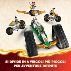 LEGO NINJAGO Cingolato del Team Ninja, Veicolo Giocattolo 4 in 1 con 2 Moto, Aliante e Macchina Fuoristrada da Costruire, da 9 A