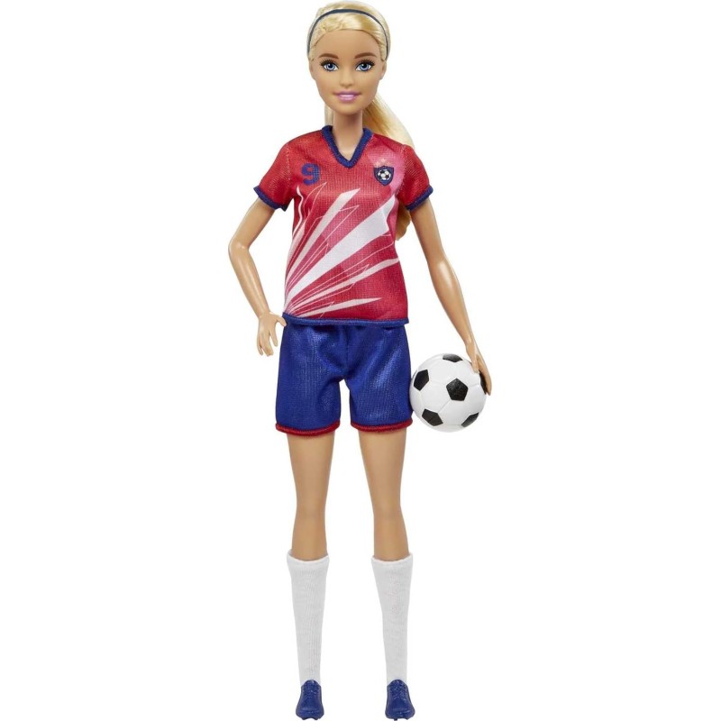 Mattel - Barbie Calciatrice, Capelli biondi Raccolti in Una Coda, Divisa Colorata con n. 9, Pallone da Calcio, Scarpe con Tacche