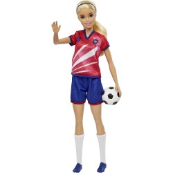 Mattel - Barbie Calciatrice, Capelli biondi Raccolti in Una Coda, Divisa Colorata con n. 9, Pallone da Calcio, Scarpe con Tacche