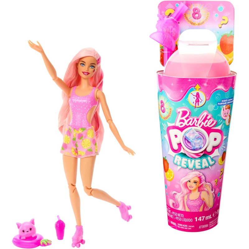 Mattel - Barbie - Pop Reveal Serie Frutta, Bambola a Tema Limonata di Fragole con 8 sorprese profumate e con Effetto Cambia Colo