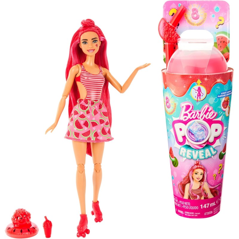 Mattel - Barbie - Pop Reveal Serie Frutta, Bambola a Tema spremuta di Anguria con 8 sorprese profumate e con Effetto Cambia Colo