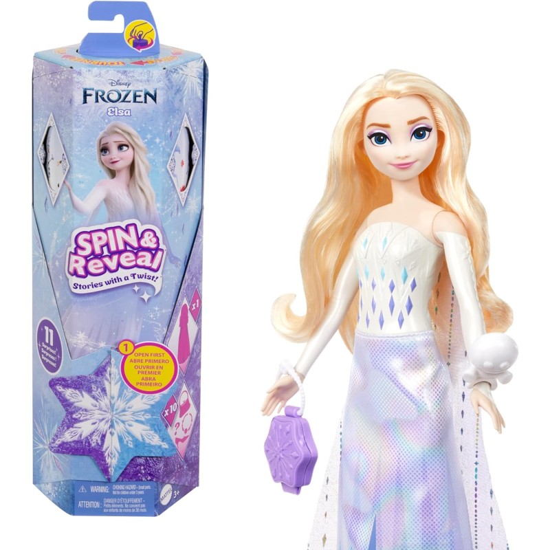 Mattel - Disney Frozen - Elsa Spin &amp; Reveal, set con bambola e 11 sorprese da scoprire, 5 accessori e 5 adesivi inclusi, loo