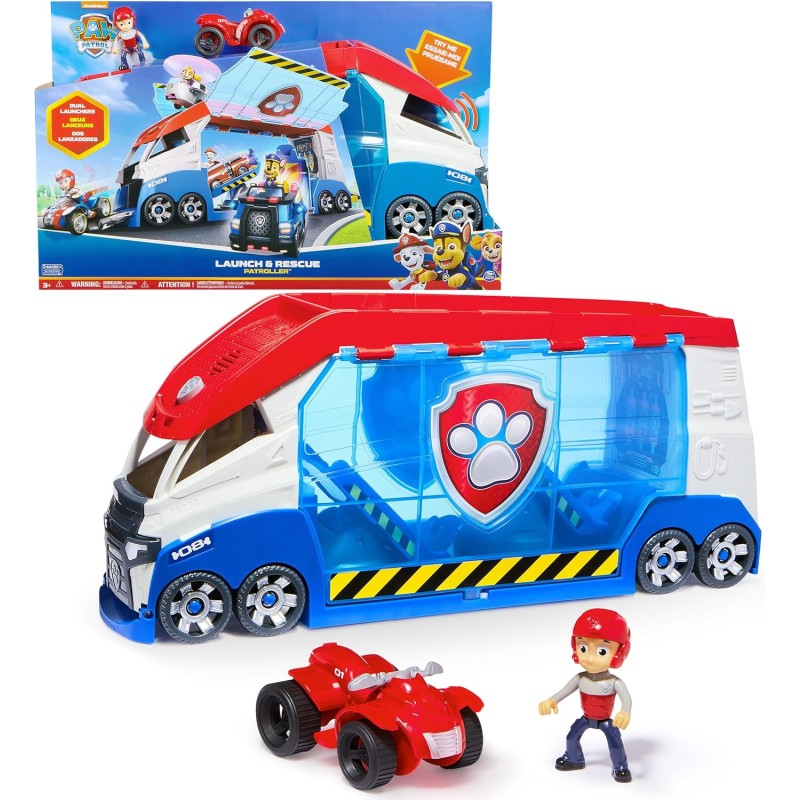 Spin Master - Paw Patrol, PAW Patroller trasformabile con lanciatore per veicoli, luci e suoni, personaggio di Ryder e quad gioc