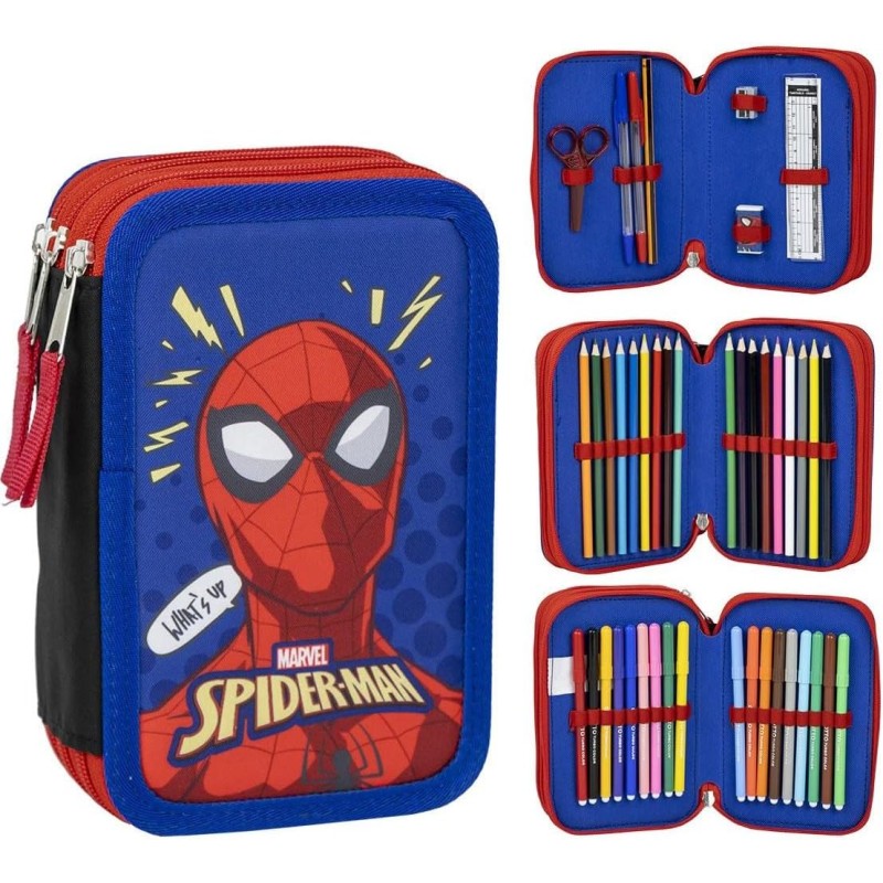 Astuccio a 3 scomparti di Spiderman - Colore blu - 12,5 x 6,5 x 19,5 cm - 100% poliestere - Chiusura con cerniera - Include acce