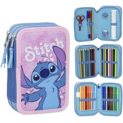 Stitch - Astuccio scolastico per bambini, colore: rosa, chiusura a cerniera, 12,5 x 6,5 x 19,5 cm, triplo scomparto - include ac