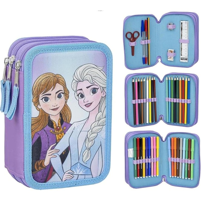 Astuccio scuola per bambini di Frozen - Colore blu - Chiusura a cerniera - 12,5 x 6,5 x 19,5 cm - Triplo scomparto - Include acc