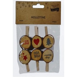 6 Mollette decorative Natalizie con ceppo legno, modelli assortiti, 420345