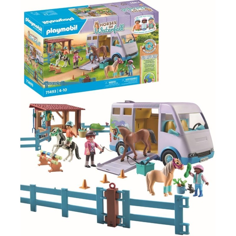 Playmobil - Horses of Waterfall 71493 Trasporto Cavalli e stalla, apprendimento giocoso dell equitazione, avventurati al Waterfa