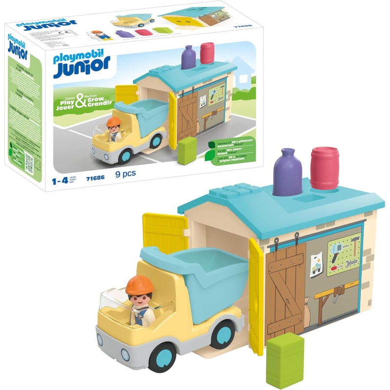 Playmobil - Junior 71686 Camion con cassone, inclusi cassone ribaltabile mobile e garage, giocattolo sostenibile realizzato in p