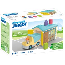 Playmobil - Junior 71686 Camion con cassone, inclusi cassone ribaltabile mobile e garage, giocattolo sostenibile realizzato in p