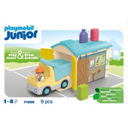 Playmobil - Junior 71686 Camion con cassone, inclusi cassone ribaltabile mobile e garage, giocattolo sostenibile realizzato in p