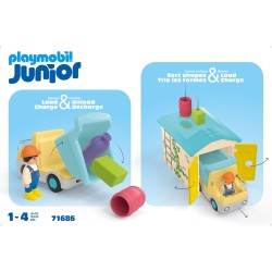 Playmobil - Junior 71686 Camion con cassone, inclusi cassone ribaltabile mobile e garage, giocattolo sostenibile realizzato in p