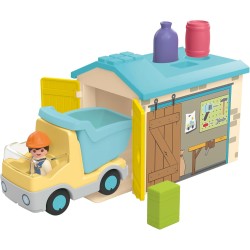 Playmobil - Junior 71686 Camion con cassone, inclusi cassone ribaltabile mobile e garage, giocattolo sostenibile realizzato in p